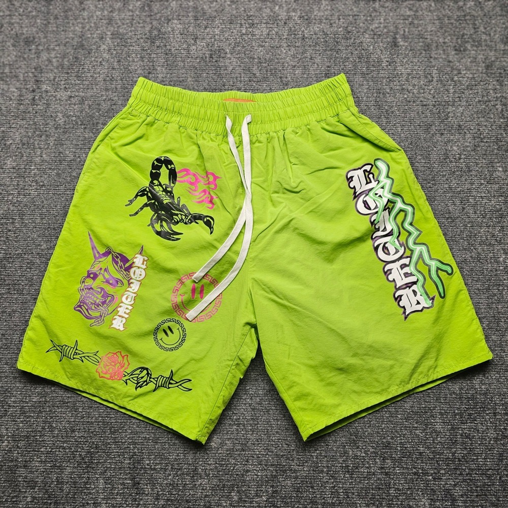 Loiter NYC Mens Graphic Nylon Shorts Lime Green Scorpion Oni Smiley Medium